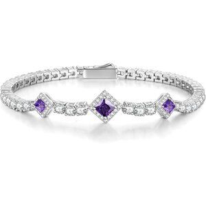 Birthstone 4mm Sterling Silver Tennis Square Gemstone Bracelet - 02-Amethyst